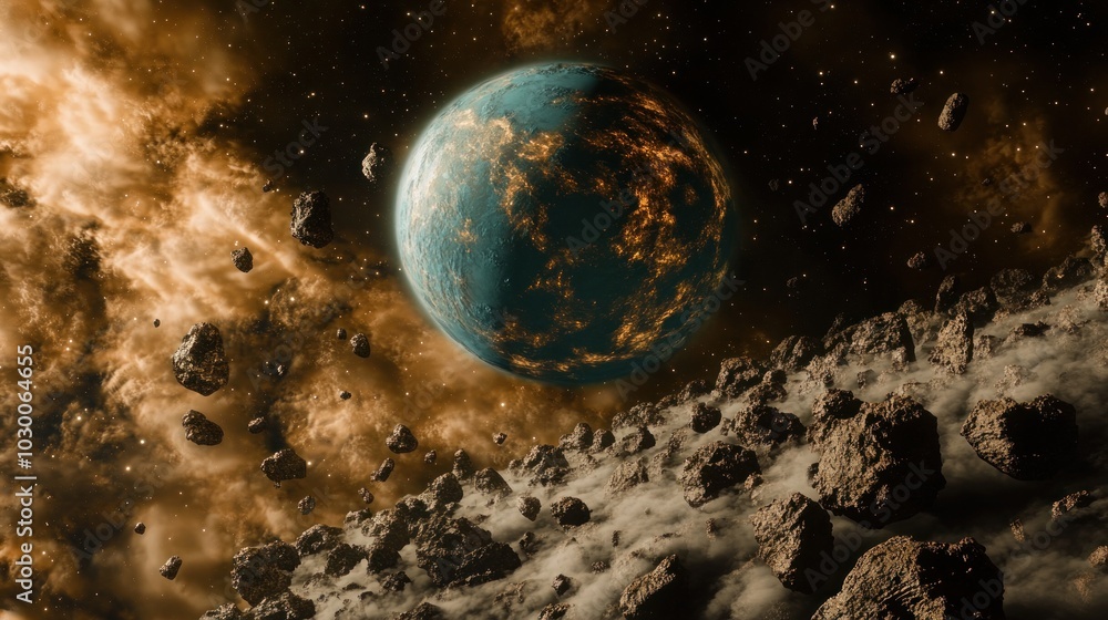 Poster A blue and orange alien planet with a nebula in the background and an asteroid field in the foreground.