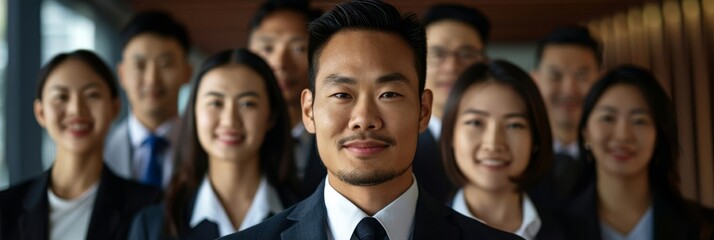Confident team of asian business professionals smiling at the camera.