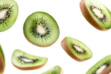 Fototapeta premium Striking movement of fresh kiwi segments rising over a light background