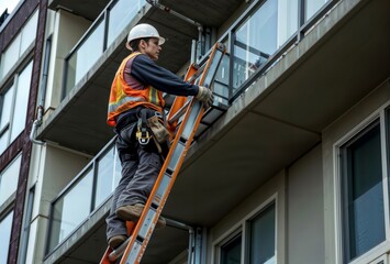 Urban Maintenance Work. Worker climbs ladder outside building.