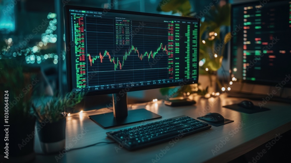 Poster a computer monitor displaying a stock market chart, with a keyboard and mouse on the desk. there are