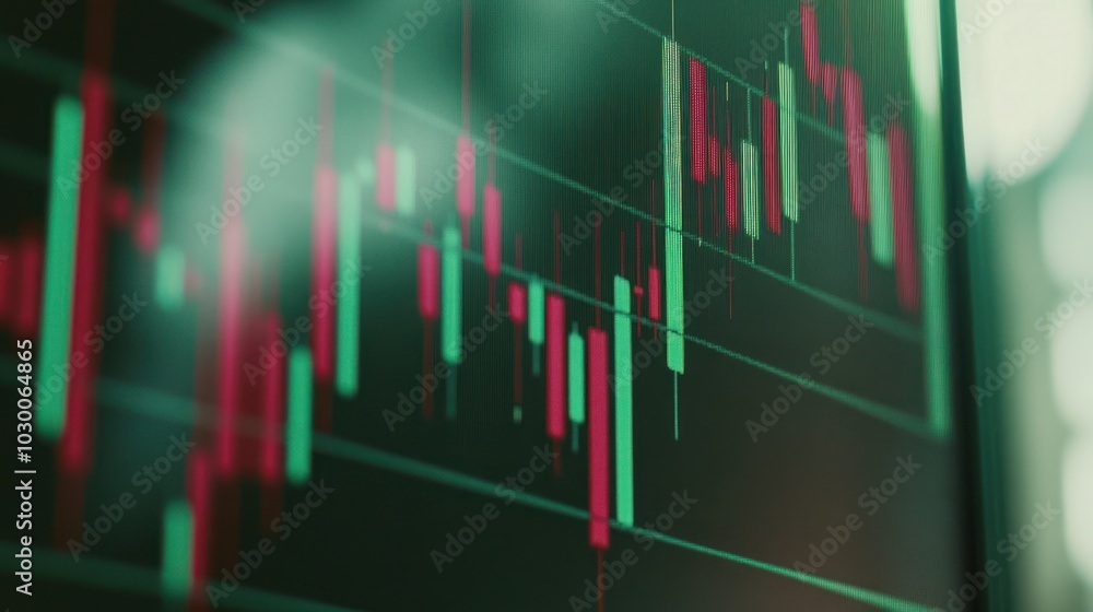 Aufkleber a close-up shot of a computer screen displaying a candlestick chart with green and red lines, repres