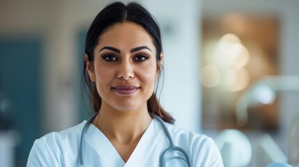 Obraz premium Smiling female doctor with stethoscope in a medical setting.