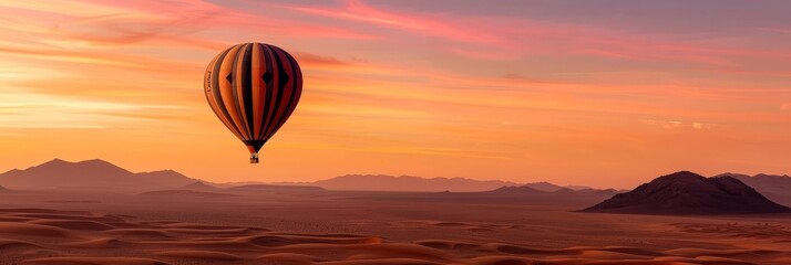 Hot air balloon soaring through a vibrant sunset sky over a desert landscape.