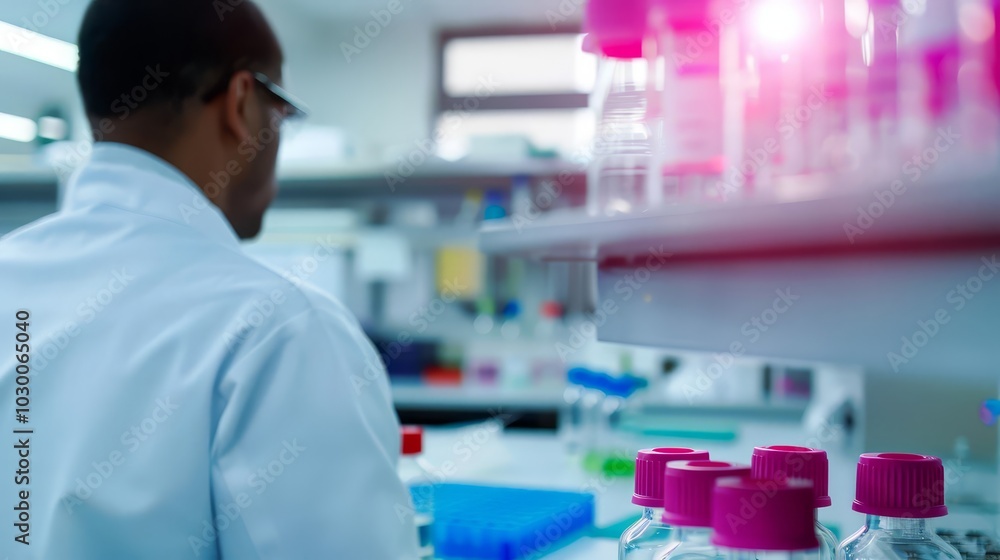 Poster rear view of a scientist working in a laboratory with lab equipment.