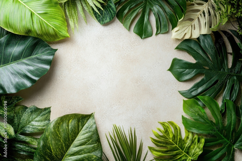 Poster lush tropical leaf edges on canvas, offering rich texture and generous area for centered text