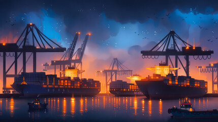 Fototapeta premium A panoramic view of a bustling harbor at night, with cranes and cargo ships silhouetted against a vibrant sky.