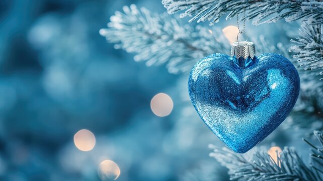 Shiny blue heart ornament on snow-covered pine tree branch
