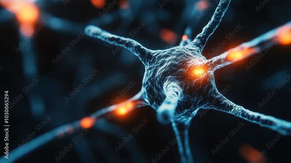 Poster microscopic close-up of neurons with glowing dendrites transmitting signals with copy space