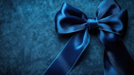Elegant blue satin ribbon in decorative bow on dark textured background