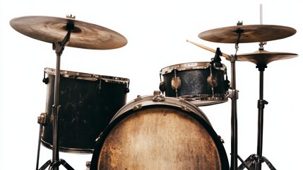 Fototapeta premium Black Drum Set with Three Cymbals on Stand Against White Background