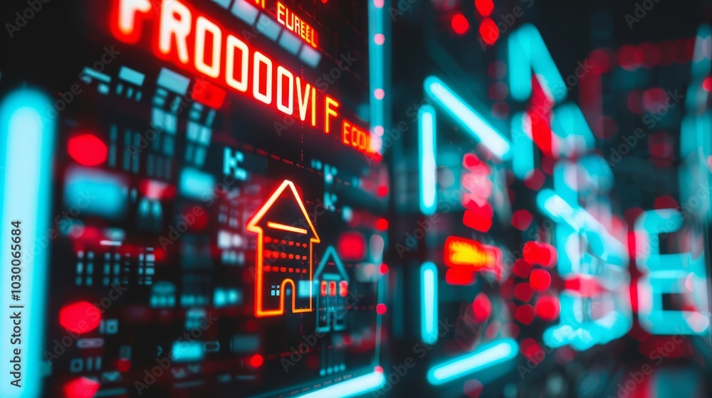 Poster futuristic digital display with house icon and text 'roomwifi code' in red neon.