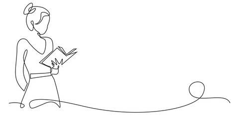 one continuous line drawing of woman reading a book while standing.one line drawing of woman reading a book leisurely.one line vector of woman's leisure time.single line vector illustration