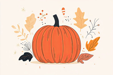 Naklejka premium Illustrated pumpkin with autumn leaves and abstract elements. Fall season concept.