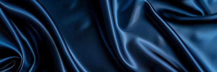 Fototapeta premium Closeup of smooth, dark blue satin fabric with soft folds.