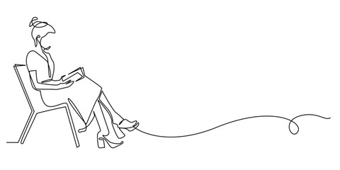 one continuous line drawing of woman sitting on a chair and reading a book.one line drawing of woman reading a book on a park chair.one line vector of woman's leisure time.single line illustration