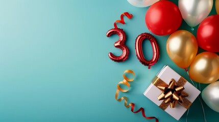 Birthday celebration with balloons, gift, and number 30.