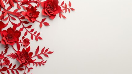 Red paper flowers and leaves border on white background