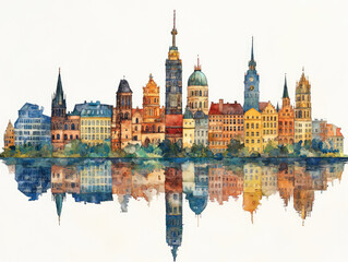 Obraz premium German city skyline with iconic landmarks and reflections 