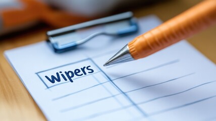 Close-up of pen and checklist with "wipers" written down