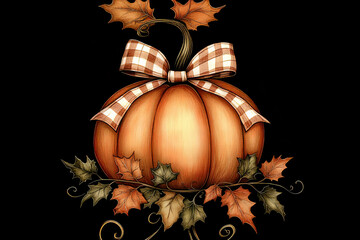 Pumpkin with plaid ribbon and autumn leaves on black background. Decorative illustration.