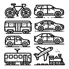 Naklejka premium Set of various transportation icons in black and white, depicting different vehicles like cars, bicycles, and trains