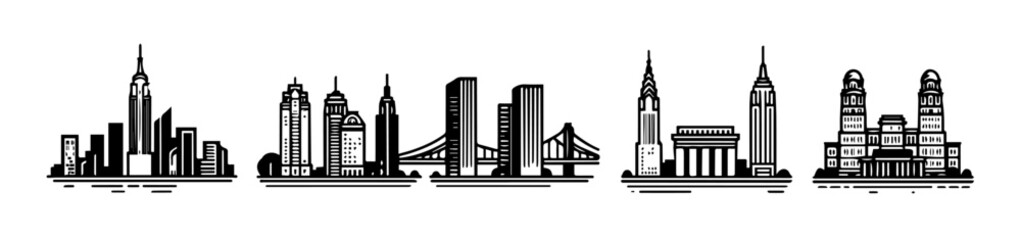 Fototapeta premium Set of black and white urban skyline icons featuring well-known buildings and bridges