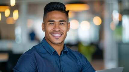 Obraz premium Smiling young man in a blue shirt looking at the camera.