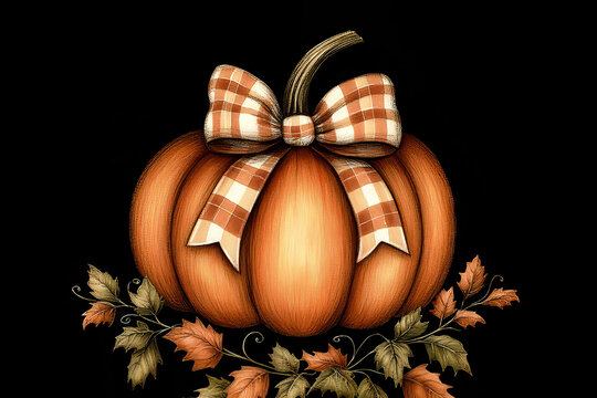 Pumpkin with plaid ribbon and autumn leaves on black background. Decorative illustration.