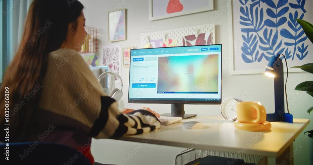Poster teen girl types prompt in artificial intelligence chatbot app on computer. ai image generator genera