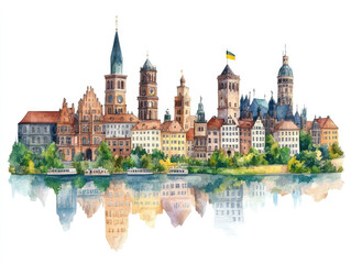 Fototapeta premium German city skyline with iconic landmarks and reflections 