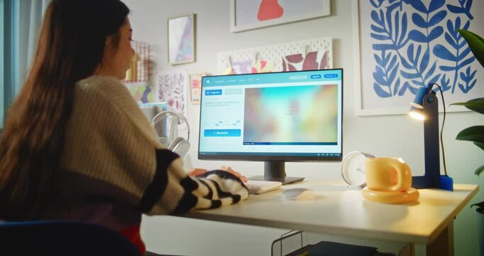 Teen girl types prompt in artificial intelligence chatbot app on computer. AI image generator generates detailed high-quality photo of girl on bicycle. From text prompt to realistic generated image.