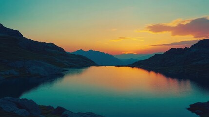 Fototapeta premium A serene mountain lake reflecting a vibrant sunset sky.