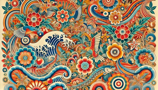 Ryukyu Bingata floral textile pattern, colorful Okinawan traditional background