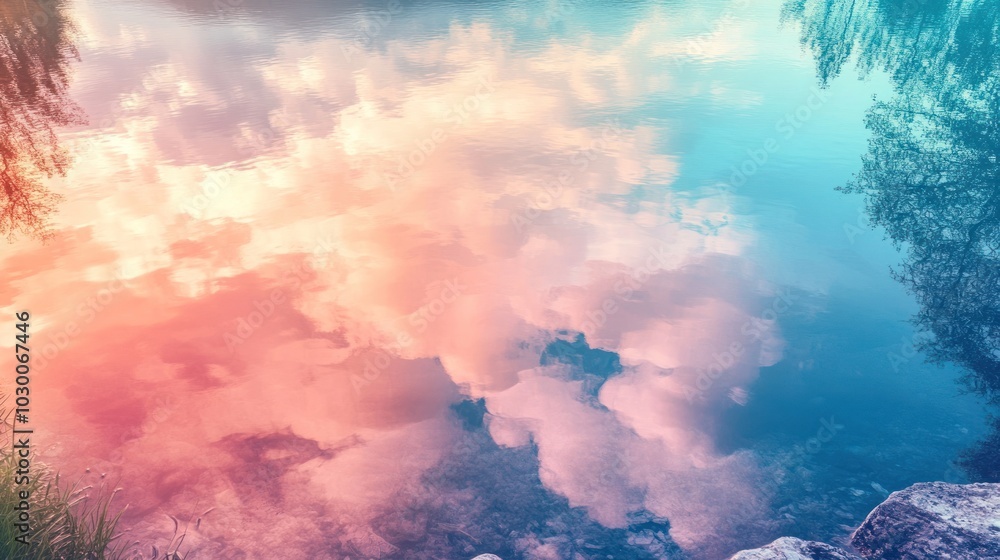Poster a serene reflection of colorful clouds in a still lake, creating a peaceful and dreamy atmosphere.