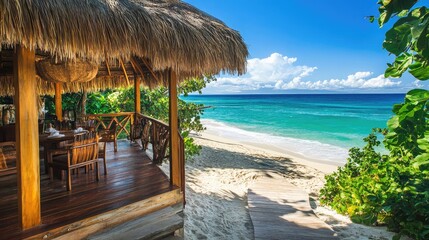 Fototapeta premium Serene Beachfront Dining Experience in Tropical Paradise