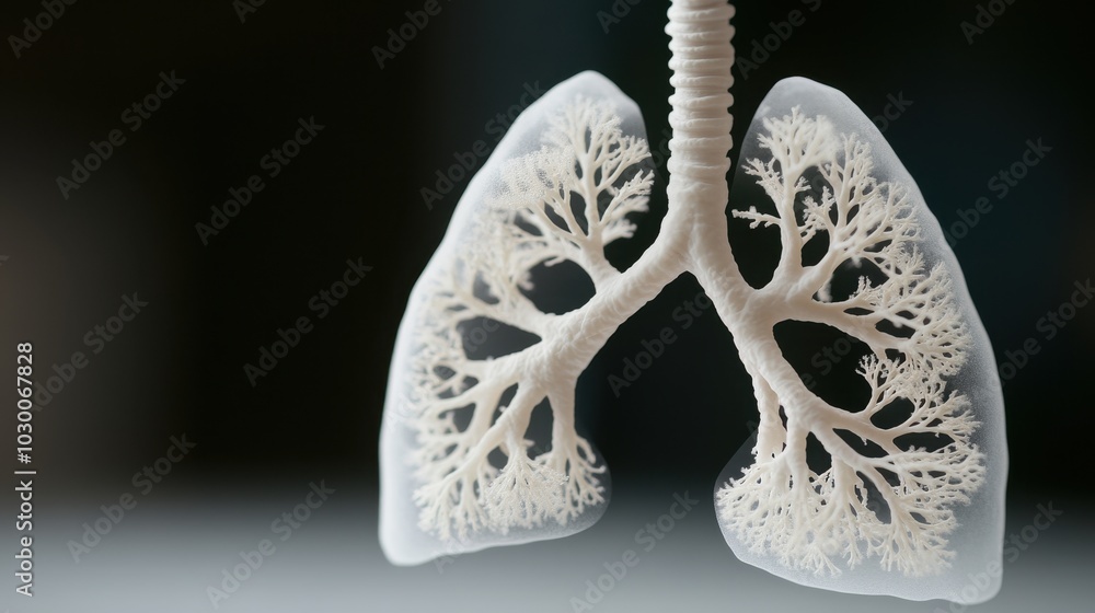 Poster transparent view of a lung showing alveoli and bronchial tree with copy space
