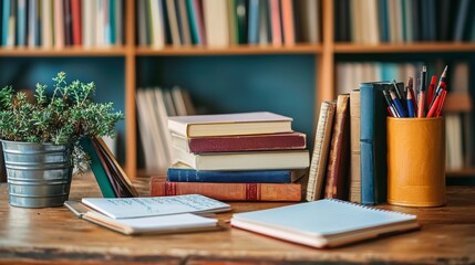 A writer's desk with notebooks and reference books