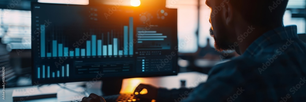 Poster businessman analyzing data charts on computer screen.