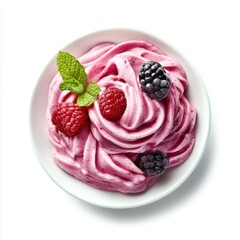 Freshly made mixed berry frozen yogurt garnished with mint in white bowl