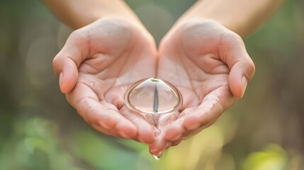 Clean water drop in hands, symbolizing the importance of clean water and supporting World Water Day initiatives for promoting global water conservation efforts with copy space
