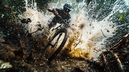 2410_180.adrenaline-fueled bike race scene, murky puddle splash, grime-covered bicycle parts, forest undergrowth, raw and unfiltered nature photography, dynamic composition