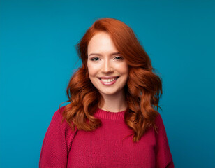Fototapeta premium Headshot Portrait of a Smiling Woman with Contemporary Style, Isolated on Color Background with Ample Copy Space