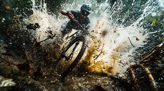 2410_180.adrenaline-fueled bike race scene, murky puddle splash, grime-covered bicycle parts, forest undergrowth, raw and unfiltered nature photography, dynamic composition