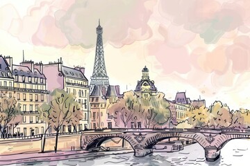 Romantic paris sketch city art.