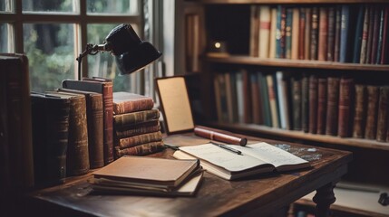 A writer's desk with notebooks and reference books