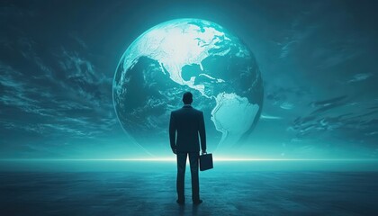Fototapeta premium A businessman with a briefcase stands before a globe, symbolizing international trade