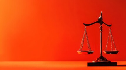 A balanced scale symbolizing justice set against a vibrant orange background, representing fairness and law.