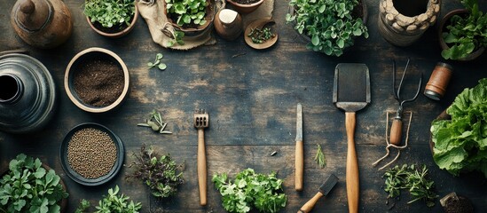 A rustic wooden table with gardening supplies, plants, tools, and soil.