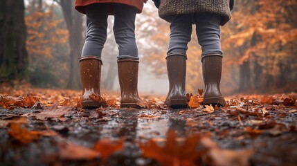 2410_153.dynamic composition of children's legs in rubber boots, wet earthy ground, fallen leaves, misty woodland setting, childhood wonder captured